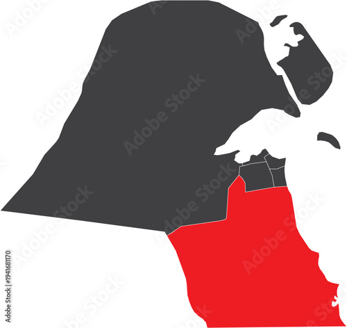 Ahmadi Governorate on Map of Kuwait Silhouette with Regions Vector Illustration