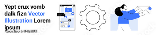 Workflow optimization, email management, technology, user interface, teamwork, productivity. A smartphone interface, gear icon and person holding an envelope. Workflow optimization and email
