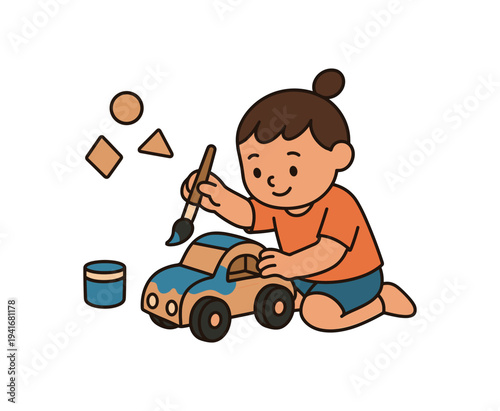 A happy child sitting and painting a wooden toy car with a brush and paint pot, illustrated in warm colors for kids crafts, playtime or educational material.