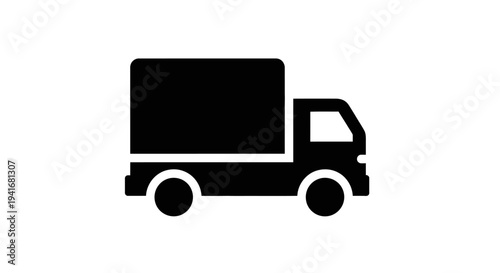 A simple, minimalist, modern black silhouette icon of a delivery truck vehicle, with a large cargo box, driving to the right, on a clean white background, symbolizing transportation and logi