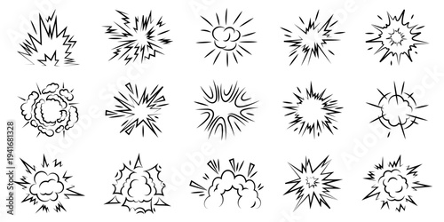 Comic explosion burst collection in black outline style. Includes various starburst blasts, impact flashes and smoke effects for action scenes