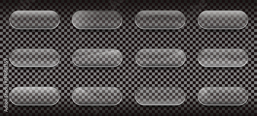 Transparent glass button collection with rounded shapes. Glossy UI interface elements isolated on transparent background