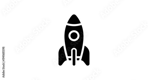 A simple 2D illustration of a black rocket ship with whisk-like fins launching into space, showcasing technology and innovation in a minimalist style