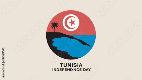 A graphic design celebrating Tunisia Independence Day with a circular flag logo
