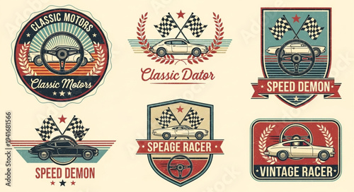 Vintage Car Racing Emblems Collection with Classic Design Elements.
