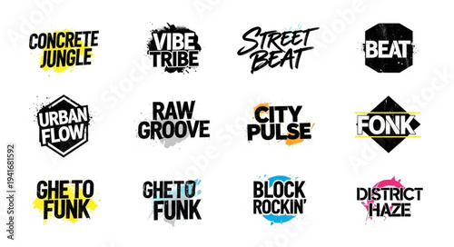 Collection of urban and street style typography designs with grunge and vibrant color accents, including phrases like Concrete Jungle, Vibe Tribe, Street Beat,