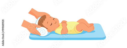 Simple illustration of hands positioning a rolled towel beneath a sleeping infant's head on a soft changing pad, demonstrating gentle head support or positioning for newborn care instructions.