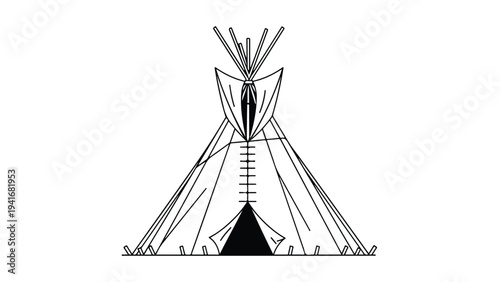 Black and white illustration of a teepee with a decorative top and a solid black interior on a white background.