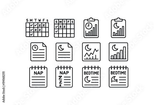 Clean line icons showing calendars, charts, clipboards and notepads for nap and bedtime tracking, useful for baby journals, sleep logs, or pediatric reports.