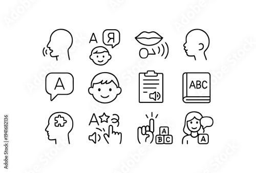Minimal line icons for speech, language and communication—speaking mouth, child face, syllable cue, listening profile, letter bubble, clipboard with audio, abc book, therapy idea, 