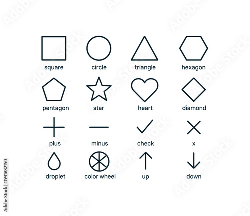 A clean set of thin outline icons of basic shapes and simple ui marks (square, circle, triangle, hexagon, pentagon, star, heart, plus/minus, check, x, droplet, color wheel, up and down)
