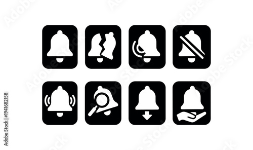 A set of eight notification bell icons inside rounded squares showing variants like ringing, muted, vibrating, search, download, and hand-hold — built for app notifications and interface controls.