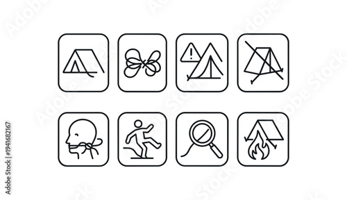 A set of simple black line camping icons in rounded squares: tents, knots, warning signs, no-tent mark, neck protection, running person, 