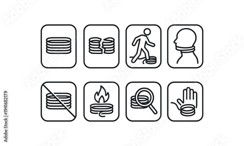 A set of simple outline safety icons showing coiled hoses, stacked coils, a person stepping on a coil, a neck hazard silhouette, prohibition, fire risk, magnifying inspection, and hand caution.