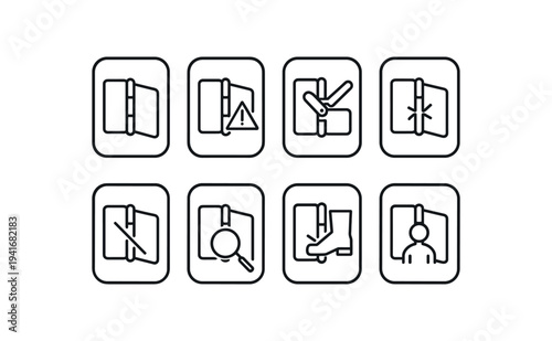 Line-style safety icons showing doors and hinges, warning flags, rotating hinges, broken door, no entry, inspection magnifier, foot impact, and torso access caution.