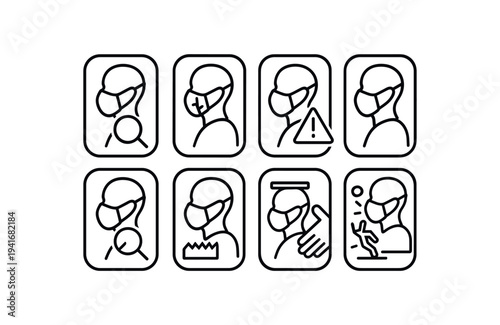 Line icons of a head in profile wearing a face mask, with magnifier, fit checks, warning, hand hygiene and contamination symbols to guide proper mask use.