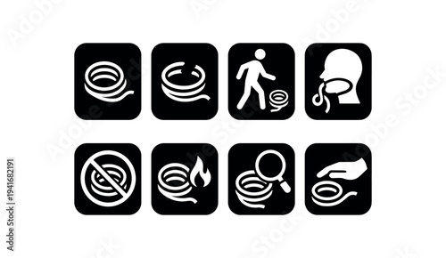 A bold black square icon set showing coiled hoses, a person tripping, a head inhalation warning, prohibited coil, flame hazard, magnified inspection, and hand safe-holding.