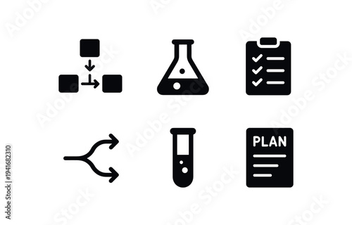 A row of six monochrome icons showing a flowchart, laboratory flask, checklist clipboard, branching arrows, test tube, and a plan document — suitable for ui, infographics, or app design.