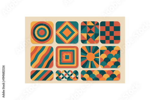 A midcentury-inspired grid of twelve rounded square tiles showing different geometric and abstract patterns in orange, teal, mustard and green tones, made for backgrounds, decor, or design layouts.