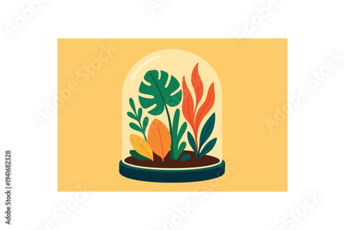 A small glass cloche terrarium holding tropical leaves and colorful foliage planted in soil on a dark base against a warm yellow backdrop.