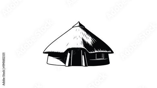 A black and white illustration of a traditional thatched roof hut with a single window on a plain background.