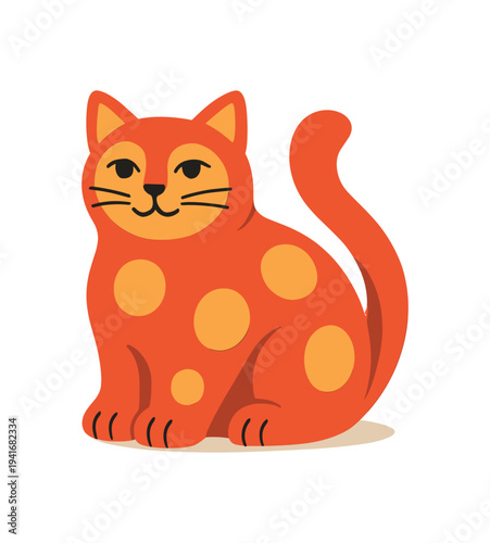 A friendly orange cat with large yellow spots and a curled tail sitting calmly, styled for children's books, pet graphics, or playful decor.