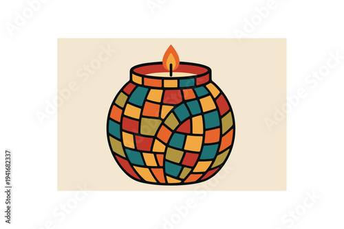 A colorful round glass mosaic candle holder with a small flame, ideal for cozy, warm home decor and relaxation designs.