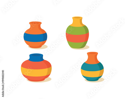Four round ceramic vases in bright orange, blue, yellow, and green stripes arranged on a white background.