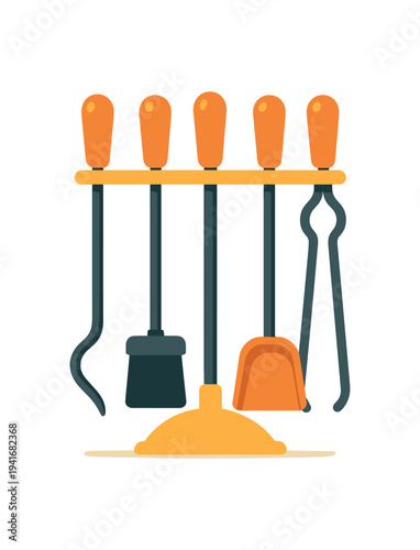 A rack with five orange-handled fireplace tools — poker, brush, shovel, tongs — minimalist hearth icon.