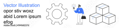 Industry, creativity, logistics, technology, business strategy, efficiency. Gear, person with light bulb and stacked boxes. Industry and creativity concepts for innovation and development
