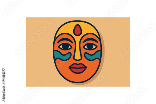 A bold flat illustration of a stylized tribal face mask in orange, teal and red tones on a beige background, designed for cultural art, posters, icons, or decorative graphics.