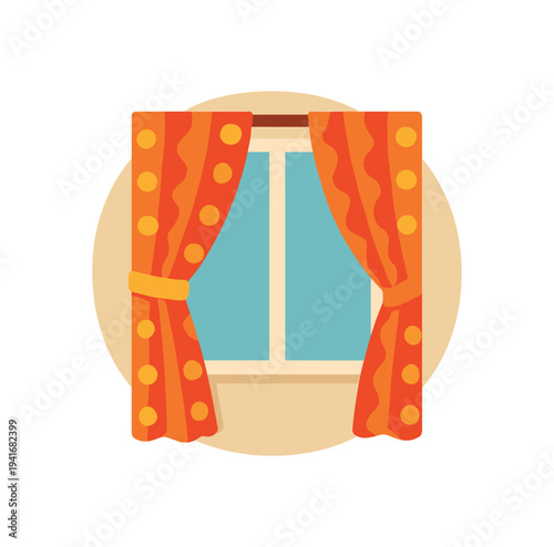 Square window with blue glass panels flanked by tied-back orange curtains patterned with large dots, shown against a soft circular backdrop for interior or decor design use.