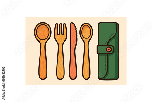Colorful flat illustration of a wooden spoon, fork, knife, and teaspoon laid out beside a green roll-up pouch, made for reusable dining, travel kits, or eco products.