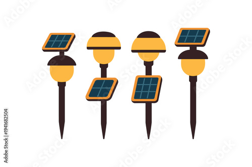 Flat vector illustration showing five different solar stake lights with yellow lamp heads, dark brown stakes, and small solar panels, good for garden, pathway, or landscape design.