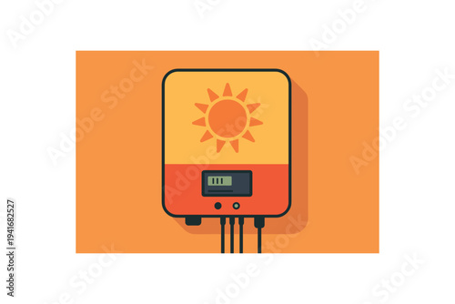 Wall-mounted solar inverter or energy meter with sun emblem on an orange panel for solar power equipment illustration flat vector illustration