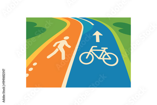 Dual path walk and bike lanes on a park trail for signage or outdoor activity banner flat vector illustration