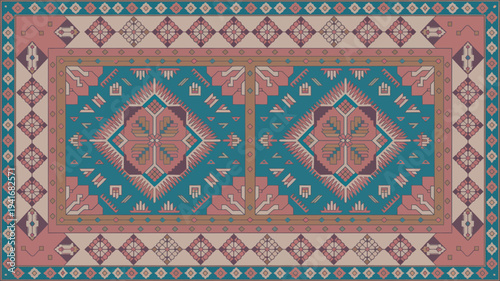 A vibrant and colorful traditional rug with intricate patterns and designs