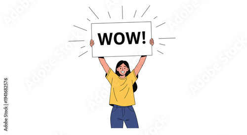 Smiling woman enthusiastically holding up a white sign with "WOW!" text to express excitement or a great surprise.