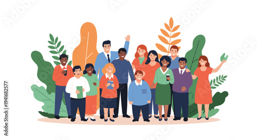 Diverse group of happy men and women standing together smiling cheerfully, representing unity, community, and social gathering.