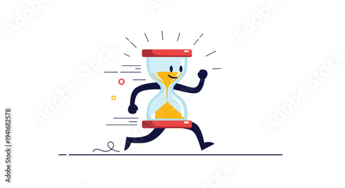 A cartoon hourglass with arms and legs runs fast with speed lines symbolizing time management urgency and deadlines.