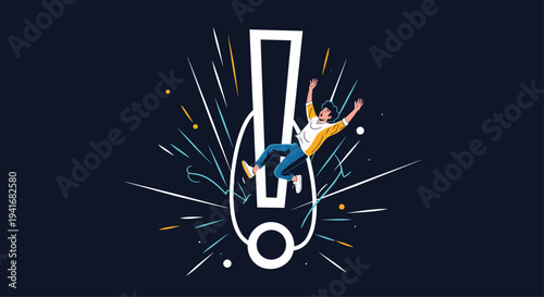 Dynamic illustration of a person falling through a giant exclamation mark symbolizing a sudden surprise or important event.