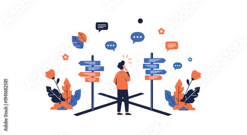 Man standing at a crossroads surrounded by directional signs and speech bubbles symbolizing important choices and life decisions.