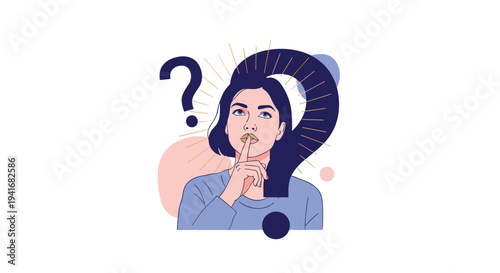 Thoughtful woman with finger on lips next to a large question mark symbolizing contemplation, secrecy, or decision-making.