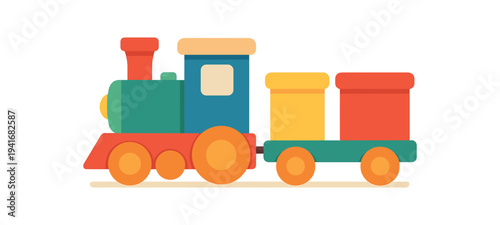 Bright, simple toy locomotive with two open wagons and round wheels in red, green, yellow and orange tones on a white background.