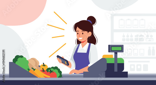Smiling female cashier using a smartphone for contactless payment at a grocery store checkout counter with fresh produce.