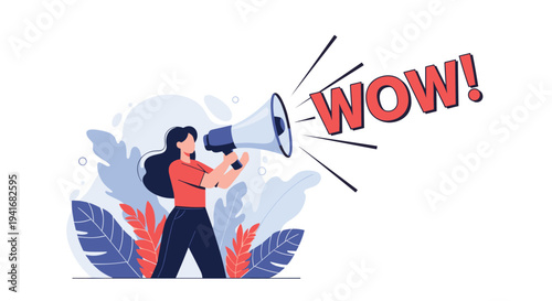 Energetic woman holding a megaphone and shouting "WOW!" expressing excitement, making an announcement or promoting news.