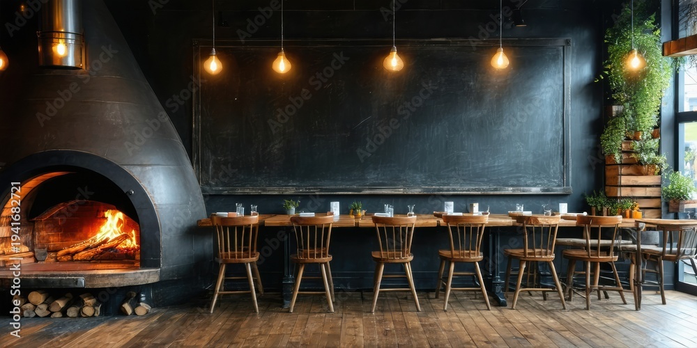 Fototapeta premium Rustic restaurant interior. Dark walls, wooden table, chairs. Fireplace glows warmly. Plants add life, creating cozy atmosphere.