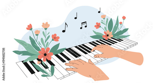 Hands playing a piano keyboard adorned with colorful flowers and musical notes, symbolizing music, art, and creativity.