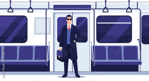 Well-dressed businessman in a suit and trench coat with sunglasses and briefcase, standing in a modern subway train.