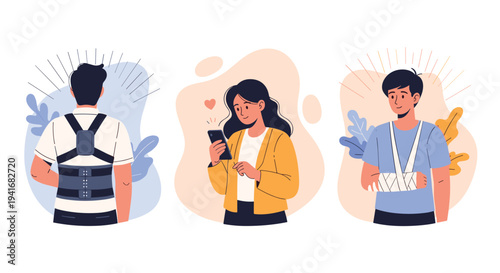 Set of three images showing people with a back brace, phone, and broken arm, symbolizing medical conditions and communication.